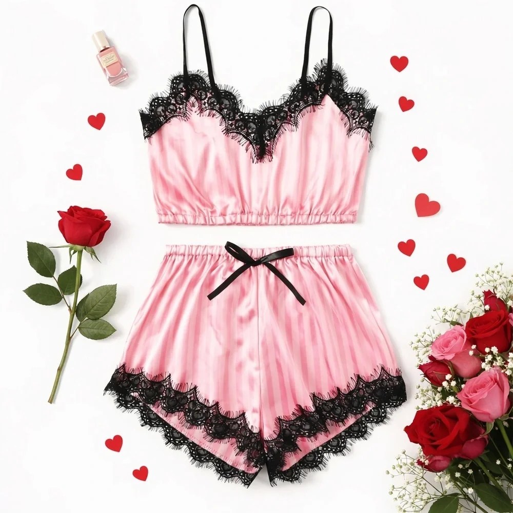 👉 Chic Noir Elegance: Black Lace & Pink Silk Lingerie Pajama Shorts Set